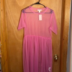 NWT Forever 21 Pink Babydoll Sheer Mesh Dress sz M